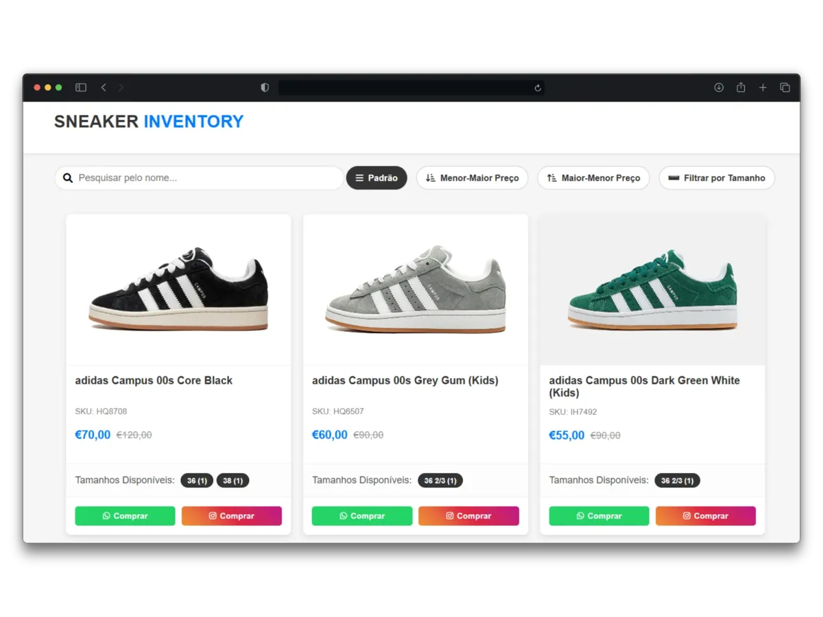 44SNKRS.PT sneaker catalog web interface